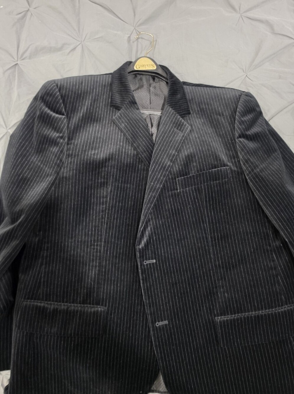 Men's Charcoal Black Velvet Pinstripe Suit Jacket